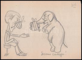 Göndör Bertalan (1908-1945): Servus collega! A beteg elefánt (karikatúra). Ceruza, papír, jelzett, lap jobb felső sarkában kisebb gyűrődéssel, 21,5×29 cm