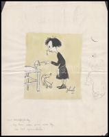 Göndör Bertalan (1908-1945): A kutya fáját! (karikatúra). Vegyes technika, papír, jelzett és datált (Gőndőr 23), lap sarkaiban kisebb gyűrődéssel és sérülésekkel, hajtásnyommal, 28×22 cm
