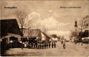 1918 Dunaegyháza, Fő utca, Evangélikus templom, Fogyasztási Szövetkezet üzlete és saját kiadása (EK)