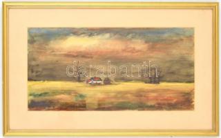 Krenács S. 1970. VIII. 26 jelzéssel: Alföldi tanya. Akvarell, papír, üvegezett keretben. 20x41 cm