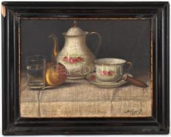 Szilágyi jelzéssel: Szivaros csendélet. Olaj, karton. Sérült fa keretben, 30×40 cm