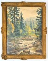Jelzés nélkül: Erdei táj patakkal. Akvarell, papír. Sérült, üvegezett fa keretben, 40×29,5 cm