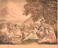 Prihoda István (1891-1956): Zene és tánc a szabadban. Rézkarc, papír, sérült, jelzett, paszpartuban, 25×31,5 cm