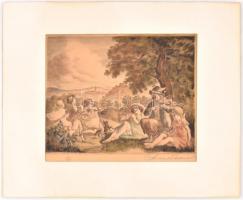 Prihoda István (1891-1956): Zene és tánc a szabadban. Rézkarc, papír, sérült, jelzett, paszpartuban,...