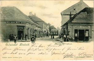 1901 Léva, Levice; Kazinczy utca, Klain Ödön, Weil Jakab, Borcsányi és Csernák üzlete. Schulcz Ignác kiadása / street view, shops (fl)