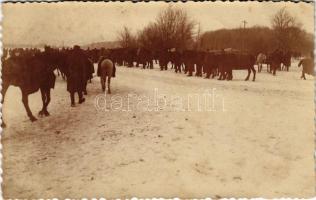 1917 Jassionov (Galícia), 34. gyalogezred trén lóvizsga / WWI K.u.K. military, horse exam in winter. photo (EK)