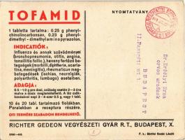 1949 Tofamid egyenletes és biztos hatású lázcsillapítás. Richter Gedeon Vegyészeti Gyár rt. / Hungar...