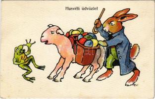 1916 Húsvéti üdvözlet / Easter greeting with rabbit, frog and lamb. B.K.W.I. 4614-2. s: R.V.
