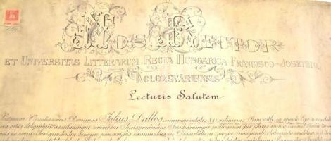 1910 Kolozsvári Tudományegyetem jogi doktori oklevél sérült függő viaszpecséttel. Pergamen. 60x48 cm