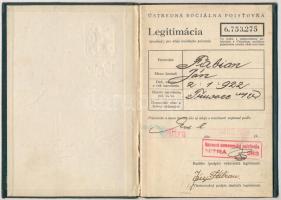 1938 Nyitra, Ústredná sociálna poisťovňa Legitimácia, a csehszlovák Központi Társadalombiztosítási Ü...