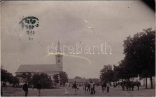 1905 Kéménd, Kamendin, Kamenin; Római katolikus templom, osztrák-magyar katonák lovakkal / Catholic church, street view, Austro-Hungarian K.u.K. soldiers with horses. photo