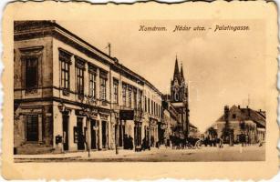 Komárom, Komárno; Nádor utca, templom, üzletek / Palatingasse / street view, church, shops (fl)