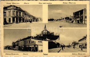 1941 Szenc, Szempcz, Senec; Molnár Albert utca, Piac tér, Római katolikus templom, Rákóczi Ferenc utca, kerékpár, automobil, üzletek / street views, market square, Catholic church, shops, bicycle, automobiles (EK)