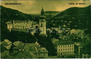 Selmecbánya, Banská Stiavnica; látkép az Óvárral, Városi római katolikus fiúiskola. Grohmann kiadása / general view with castle, Catholic boys school (r)