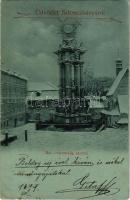 1899 Selmecbánya, Banská Stiavnica; Szentháromság szobor télen / Holy Trinity statue in winter (EK)