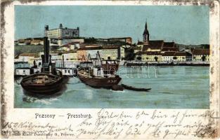 1903 Pozsony, Pressburg, Bratisalva; vár, uszályok, rakpart. Duschinsky G. kiadása / castle, barges, quay (fl)