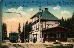 1913 Tátraszéplak, Tatranska Polianka, Westerheim (Magas-Tátra, Vysoké Tatry); Villamos vasúti állomás Poprád felé / tramway station with tram (kis szakadás / small tear)