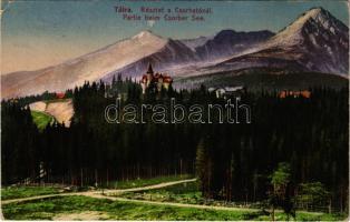 1917 Tátra, Magas Tátra, Vysoké Tatry; Részlet a Csorba-tónál, szálloda. Cattarino S. utóda Földes Samu kiadása 191. sz. / Csorba-See / Strbské pleso / hotel by the lake (ázott sarok / wet corner)