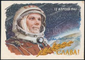 1961 Jurij Alekszejevics Gagarin (1934-1968) szovjet űrhajós autográf aláírása alkalmi levelezőlapon. Megíratlan. / Autograph signature of Yuriy Alekseyevich Gagarin (1934-1968) Soviet astronaut on ps card