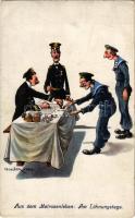 Aus dem Matrosenleben: Am Löhnungstage, K.u.K. Kriegsmarine Matrose / WWI Austro-Hungarian Navy mariner humour art postcard. C. Fano, Pola 1914-15. 23. s: Ed. Dworak