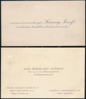 Szirmay József m. kir. huszárszázados és vitéz Szemlaky György főhadbiztos / gyárigazgató névjegykártyája, egyik sarkán gyűrődés