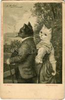 Die Dorfschöne / Gentleman cat with lady cat. Fr. A. Ackermann Kunstverlag Künstlerpostkarte No. 1077. s: A. Dreher (kopott sarkak / worn corners)