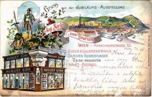 1898 Wien, Vienna, Bécs I. Aug. Sirk zum Touristen. Gruss aus der Jubiläums-Ausstellung! Kärnthnerstrasse 55. / advertising card of August Sirks tourist, sport and hiking shop. Art Nouveau, floral, litho (EK)