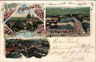 1898 Chernivtsi, Czernowitz, Cernauti, Csernyivci; main square, church, general view, synagogue. Regel & Krug No. 923. Art Nouveau, floral, litho