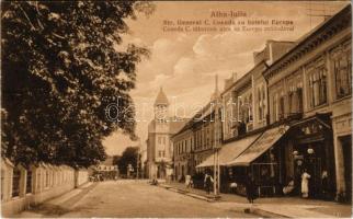 1929 Gyulafehérvár, Karlsburg, Alba Iulia; Coanda C. tábornok utca, Europa szálloda, fodrász és manikűr szalon üzlet / street, hotel, shop, hairdresser salon