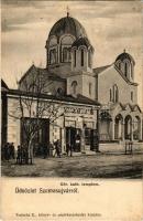 1908 Szamosújvár, Gherla; Görög katolikus templom. Haragay Miklós üzlete / Greek Catholic church, shop (fl)