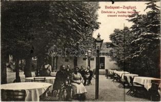 1916 Budapest XII. Zugliget, üdvözlet a "Vadász tanyához" címzett vendéglőből, étterem, kert pincérekkel (EK)