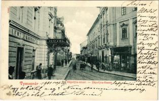 1901 Temesvár, Timisoara; Zápolya utca, szálloda, Lenz J. kávéháza, villamospálya / street view, hotel, café, tramway