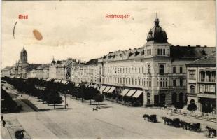1909 Arad, Andrássy tér, sörcsarnok és étterem, lovaskocsik. Kerpel Izsó kiadása / square, inn, beer hall, restaurant, horse-drawn carriages (fl)