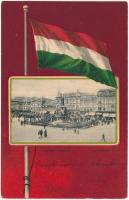 1902 Arad, Szabadság tér, emlékmű, üzletek. Magyar zászlós litho keret / square, monument, shops. Hungarian flag, Art Nouveau, litho frame