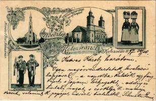 1897 (Vorläufer!) Kolozsvár, Cluj; Szentpéteri templom, Külső Magyar utcai református templom, földész vőfélyek, tejes leányok. Kováts P. Fiai kiadása / Catholic church, Calvinist church, landowner bachelors, milk carrying women. Art Nouveau, floral