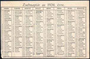 Ittner és Társa sorsjegy reklám, zsebnaptár az 1934. évre, papír, kétoldalas, egyik sarka sérült, 9x...