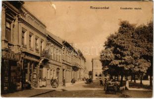 1912 Rimaszombat, Rimavská Sobota; Erzsébet tér, Pick Jakab és Heksch Bertalan üzlete / square, shops (ragasztónyom / gluemark)