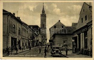 1938 Rimaszombat, Rimavská Sobota; utca, templom, Lipthay és Emanuel Donath üzlete / street, church, shops, automobile + 1938 Rimaszombat visszatért So. Stpl (EK)