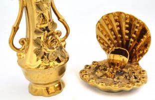 Jelzés nélkül: Aranyozott porcelán váza és asztali dísz. Kis lepattanással. m: 13 cm, 22 cm