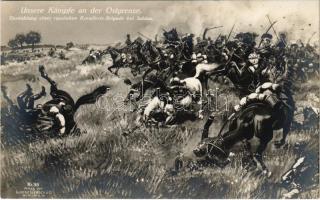 Unsere Kampfe an der Ostgrenze, Vernichtung einer russischen Kavallerie Brigade bei Soldau / Dzialdowo, WWI German military art postcard