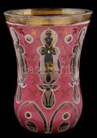 XIX. sz. : Üveg pohár, Kézzel festett, színezett, hámozott. Kopásokkal. m: 12 cm
