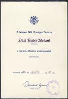 1982. Dési Huber Istvánnénak szóló adományozó oklevél a Gárdos Marika emlékplakettról, Durchek Lajosné MNOT elnök eredeti aláírásával