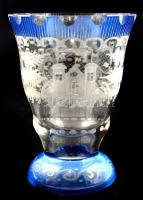 Antik üveg pohár, Kézzel festett, színezett, vésett. Hibátlan. m: 12 cm / Antique hand painted glass