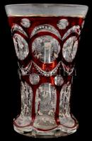 Antik rubin vörös pohár. Kézzel festett, kopásokkal. 12,5 cm / Antique glass, hand painted, slightly...