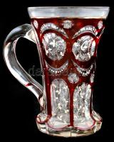 Antik rubin vörös pohár. Kézzel festett, kopásokkal. 12,5 cm / Antique glass, hand painted, slightly...