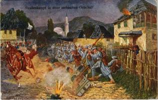Strassenkampf in einer serbischen Ortschaft / WWI K.u.K. (Austro-Hungarian) military art postcard s: Höllerer