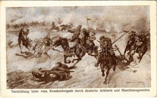 Vernichtung einer russ. Kosakenbrigade durch deutsche Artillerie und Maschinengewehre / WWI German military art postcard s: Theo. Matejko