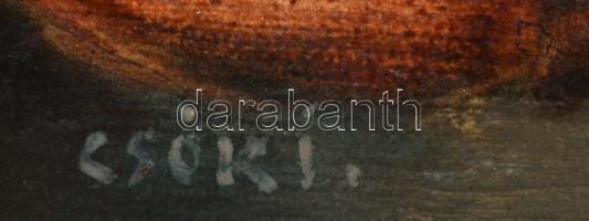 Csók jelzéssel: Fekvő akt. Olaj, karton, sérült. Díszes fa keretben, 22x27,5 cm