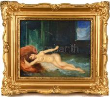 Csók jelzéssel: Fekvő akt. Olaj, karton, sérült. Díszes fa keretben, 22x27,5 cm