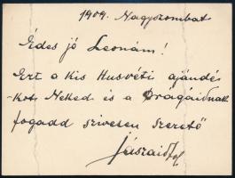 1904 Jászai Mari (1850-1926) színésznő saját kézzel írt levele Hermann Leontinnak, Gerő Ödön művészeti újságíró, szerkesztő feleségének, melyben egy táska ajándékozásáról ír. Két beírt oldal kártyán